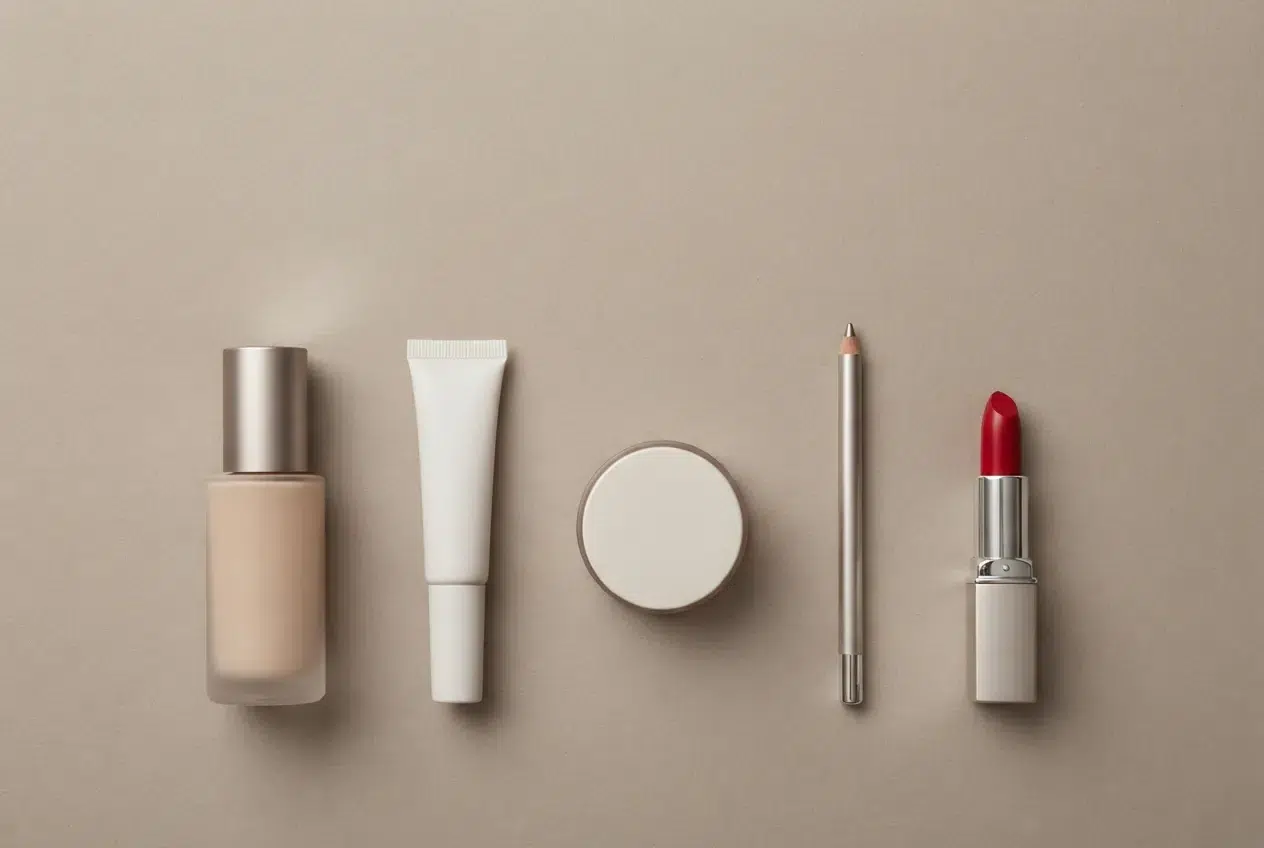 Cinq produits de maquillage essentiels alignés : teint, correcteur, blush, crayon et rouge à lèvres