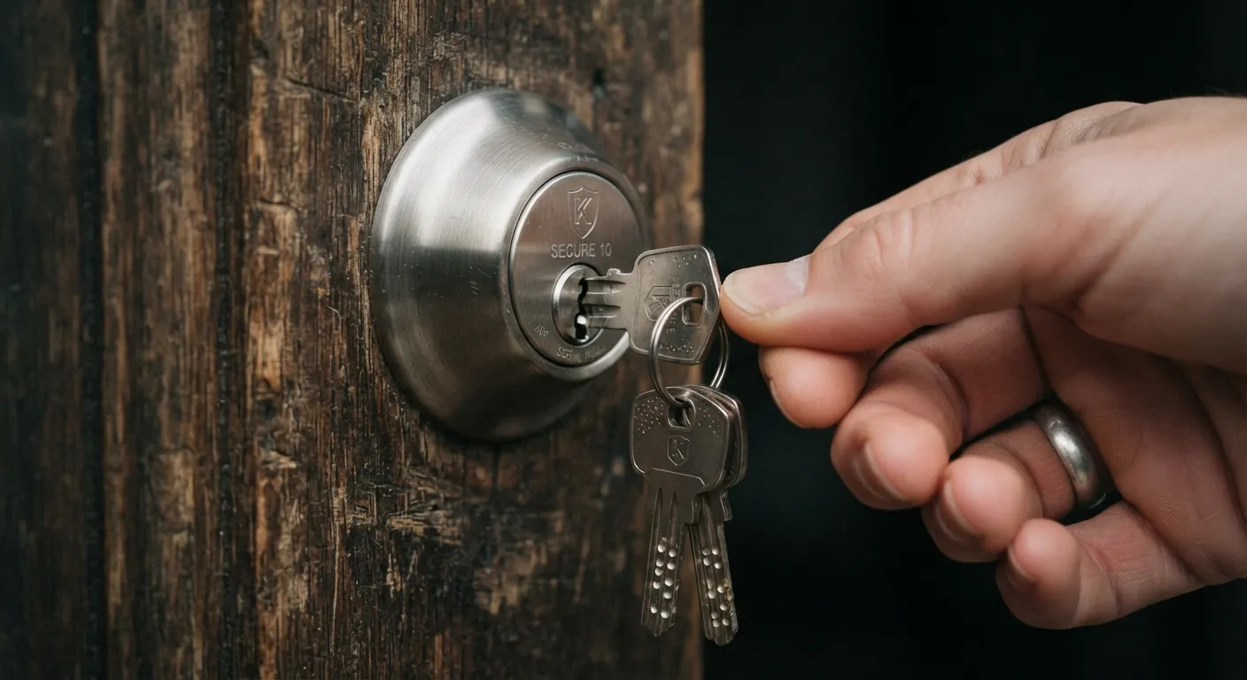 Gros plan sur un cylindre de serrure certifié A2P installé sur une porte d'entrée en bois