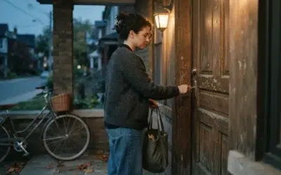 securiser-sa-maison-checklist-cover Femme fermant à clé la porte d'entrée de sa maison au crépuscule pour sécuriser son logement