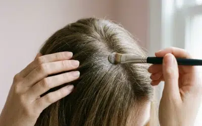 Femme appliquant un shampoing sec bio en poudre du bout des doigts sur ses racines