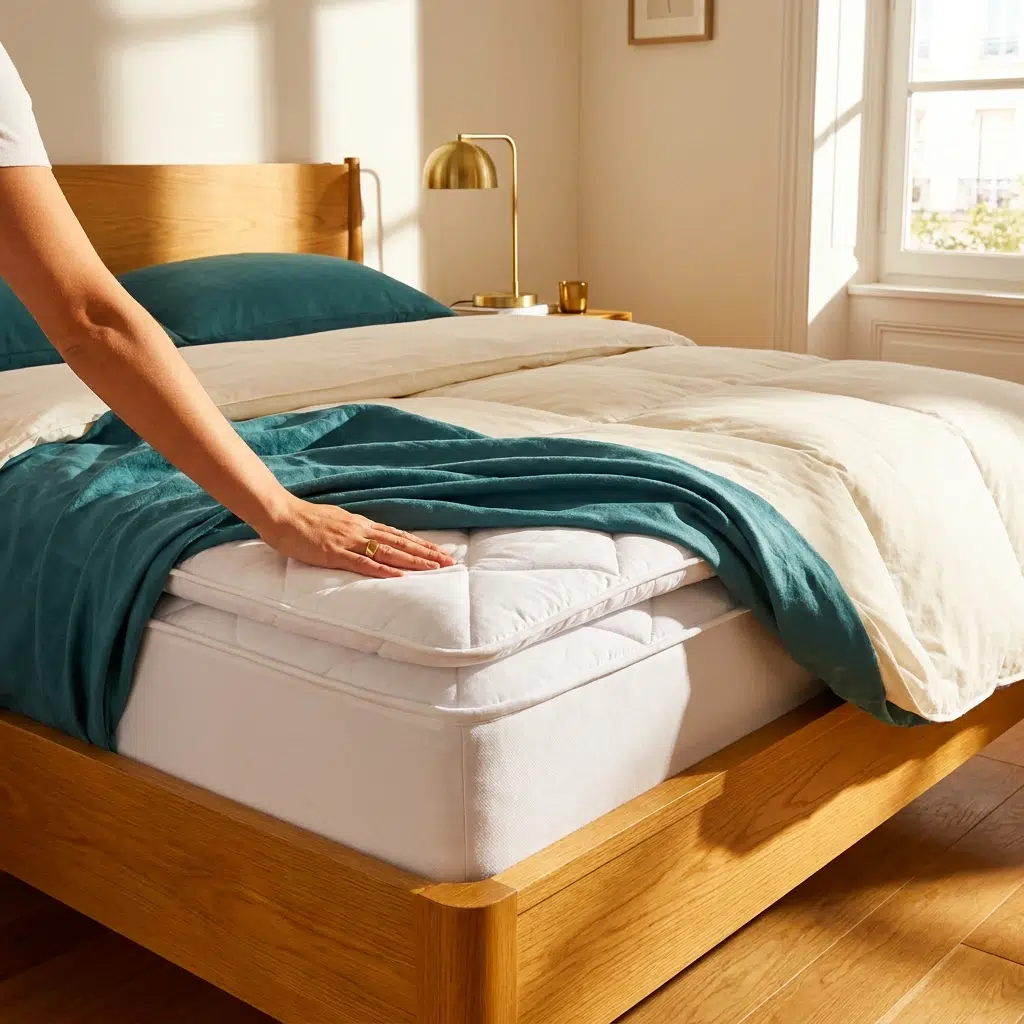 Surmatelas épais posé sur un matelas dans une chambre lumineuse au linge de lit froissé