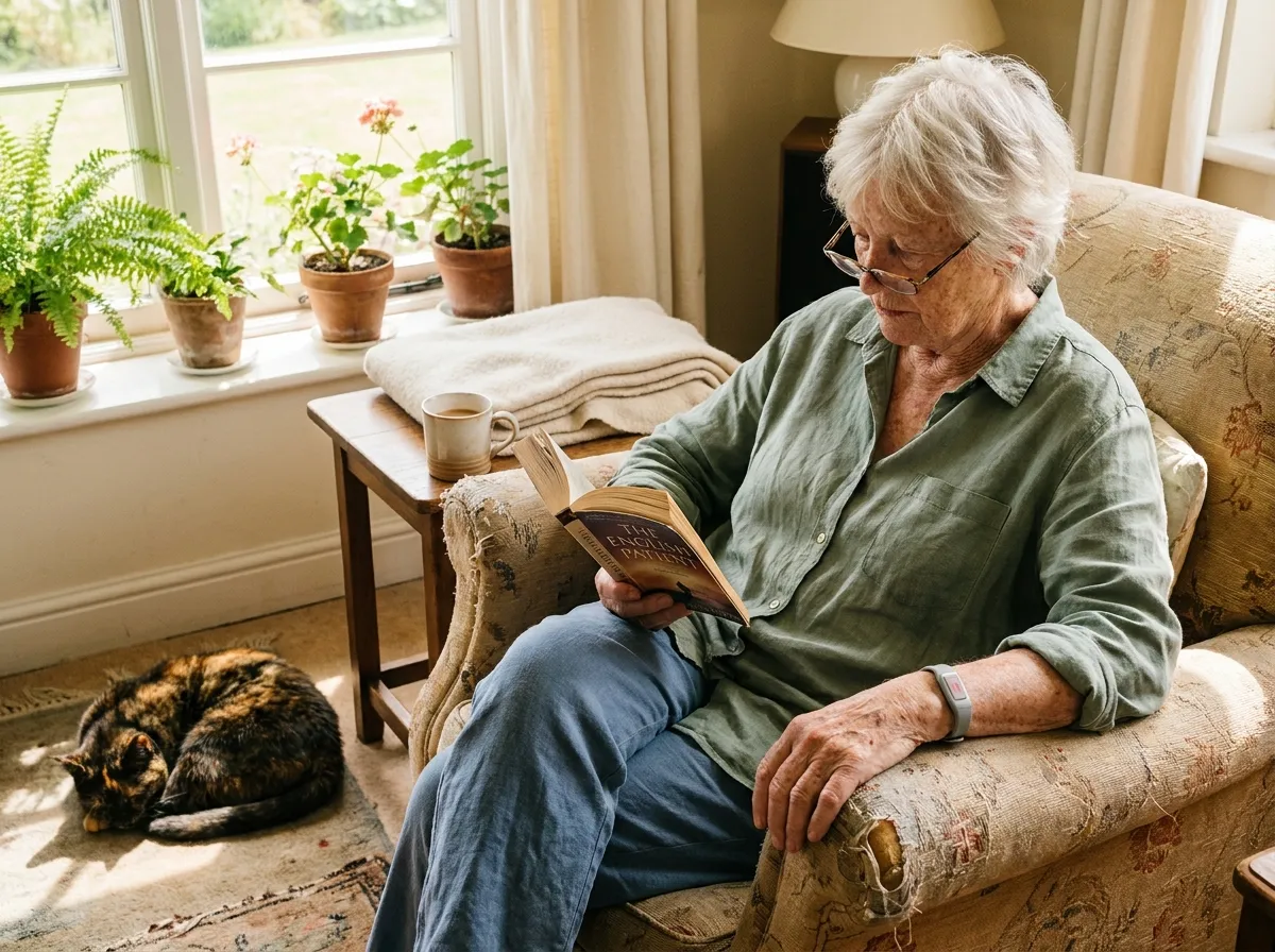 teleassistance-senior-serenite-salon Femme âgée lisant tranquillement dans son salon, bracelet de téléassistance au poignet