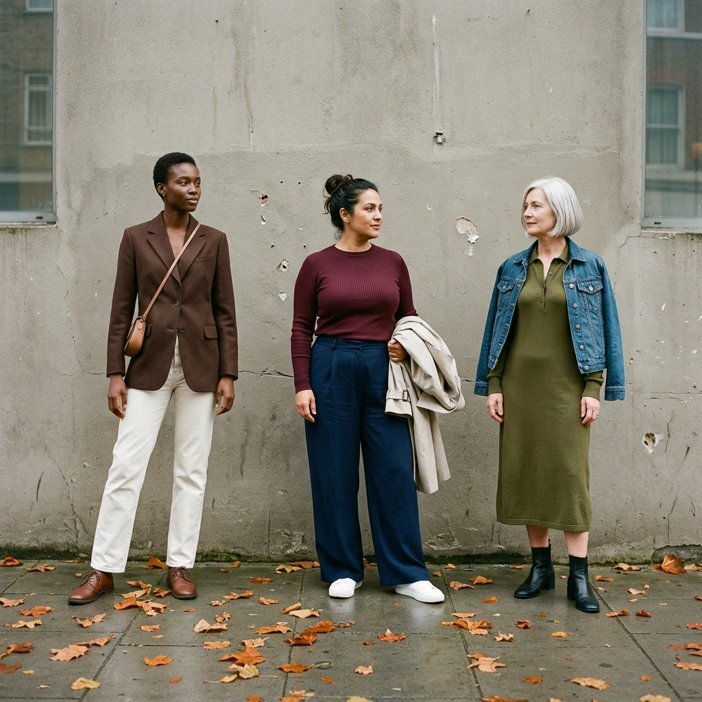 Trois femmes en tenue de rentrée : blazer chocolat, maille bordeaux, robe en maille kaki