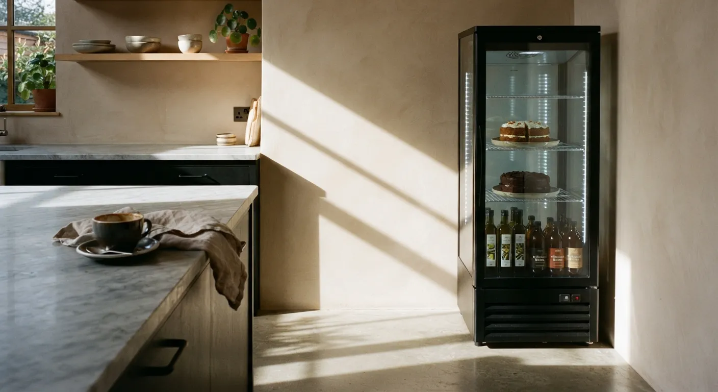 Vitrine réfrigérée vitrée intégrée dans une cuisine ouverte domestique avec entremets et boissons