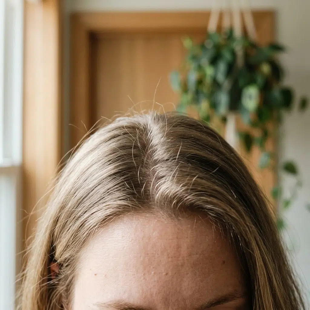 Racines gonflées et cheveux fins texturés après application d'un shampoing sec en poudre