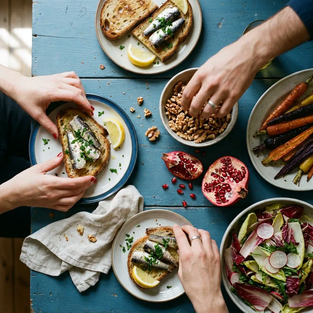 Table partagée avec tartines de sardines, noix, grenade et légumes colorés, mains qui se servent