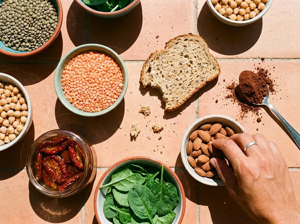 Bols de lentilles, pois chiches, épinards, tomates séchées et cacao, des aliments riches en fer sur une table ensoleillée