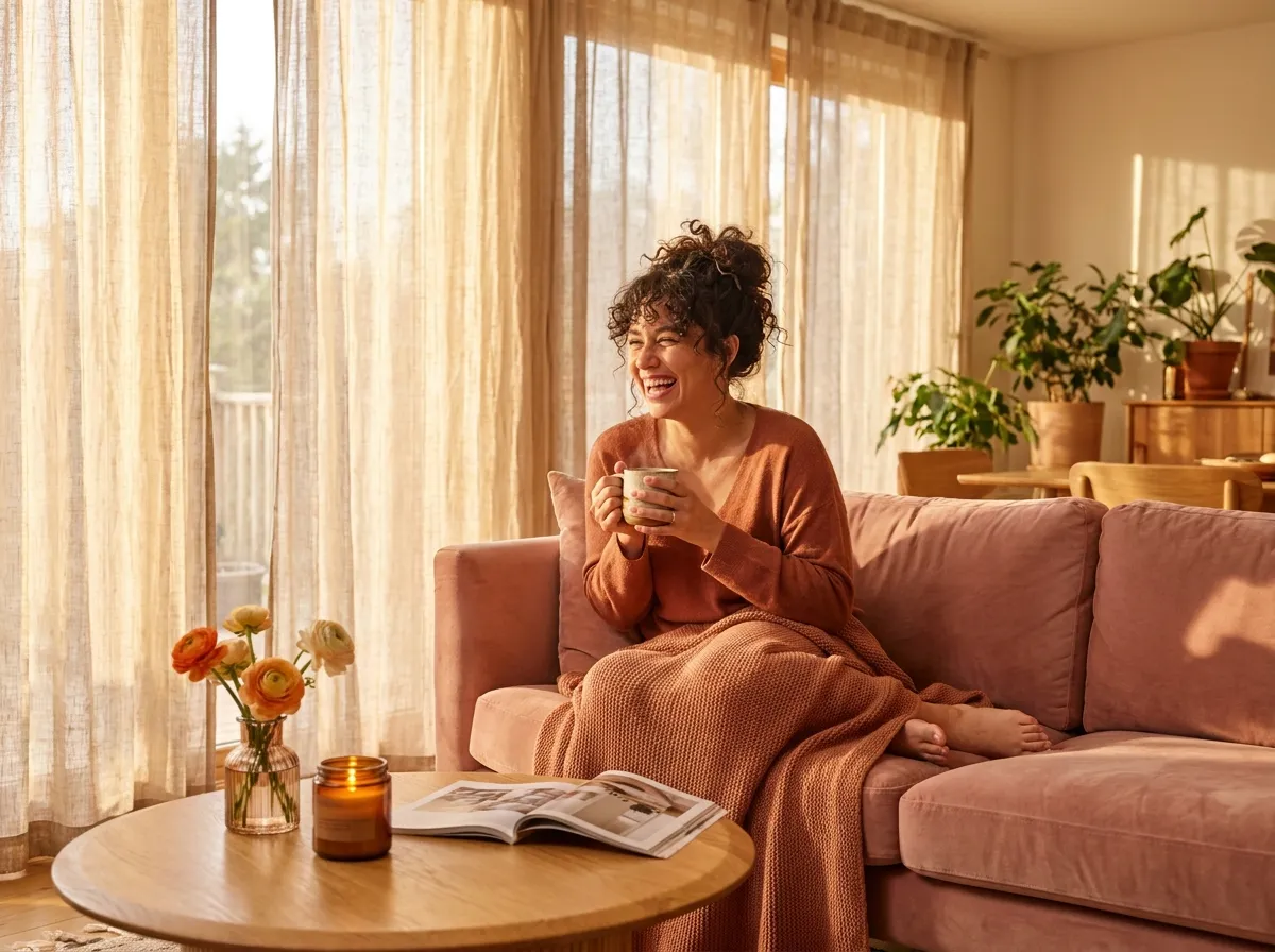 ambiance-cocooning-bougie-salon Femme souriante lovée dans un canapé rose avec un mug, bougie parfumée allumée et fleurs, salon cocooning baigné de soleil