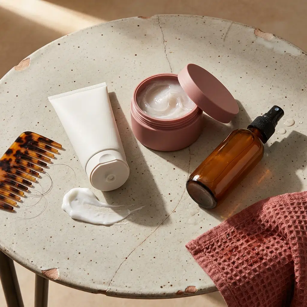 Après-shampoing, masque et soin sans rinçage disposés côte à côte pour comparer leurs usages