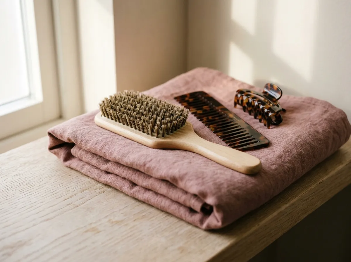 Brosse en bois et peigne à dents larges posés sur une serviette rose poudré, sur une étagère de salle de bain