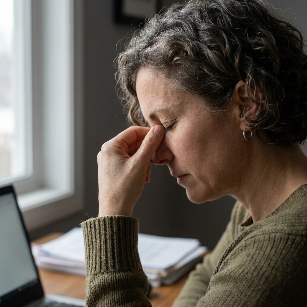 Femme fatiguée devant son ordinateur, main sur le visage, illustrant le brouillard mental