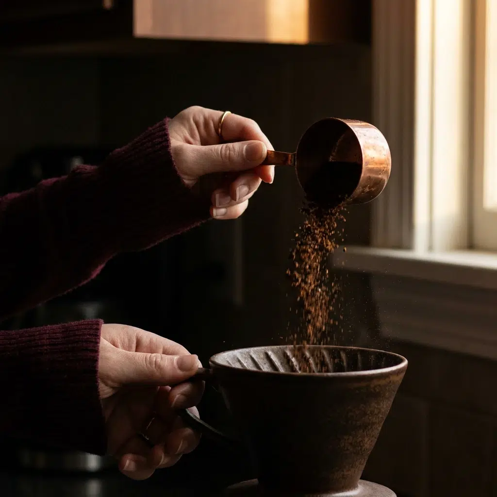 Mains versant du café moulu de spécialité dans un dripper en céramique noire, lumière contrastée