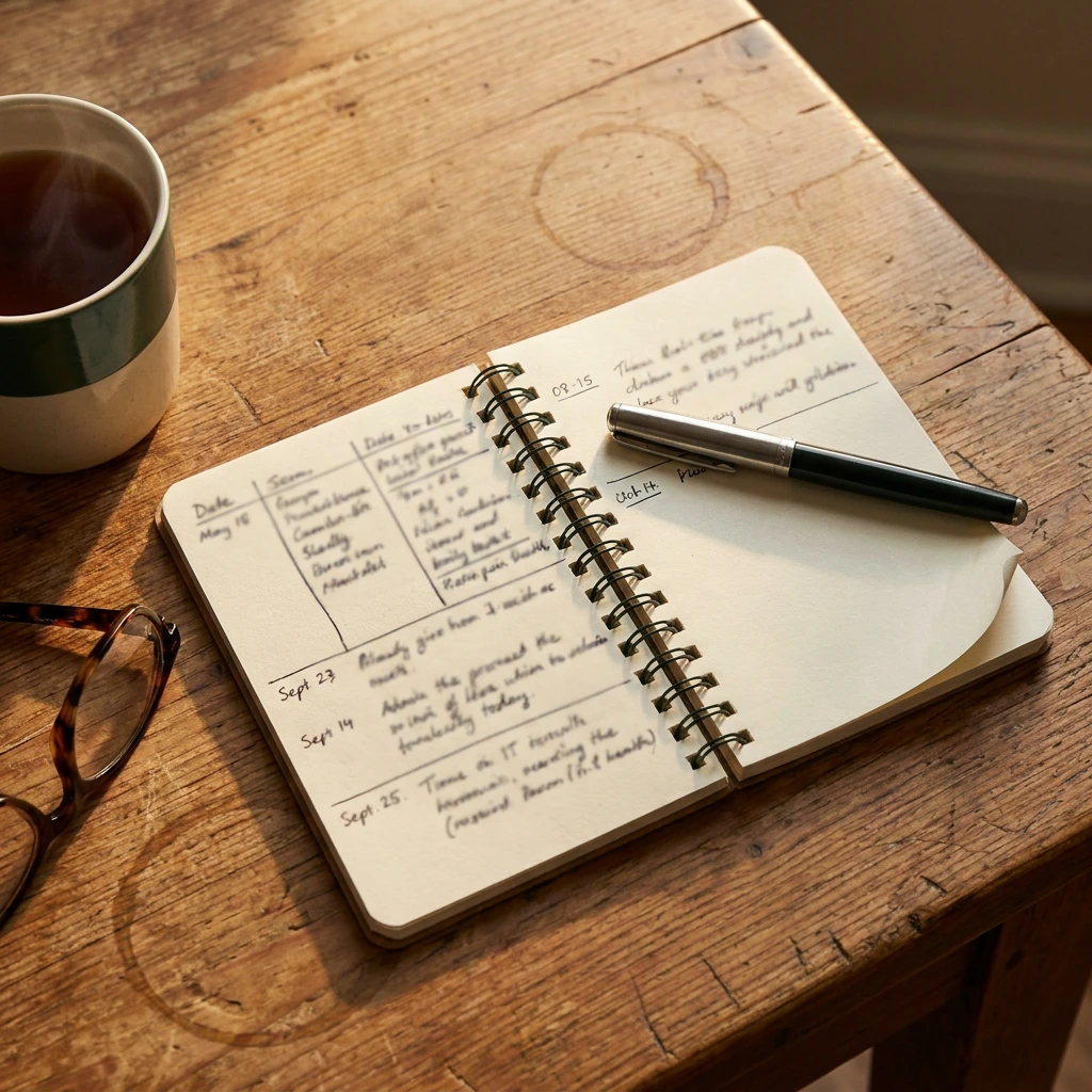 Carnet ouvert avec un suivi de cycles et de symptômes noté à la main sur une table