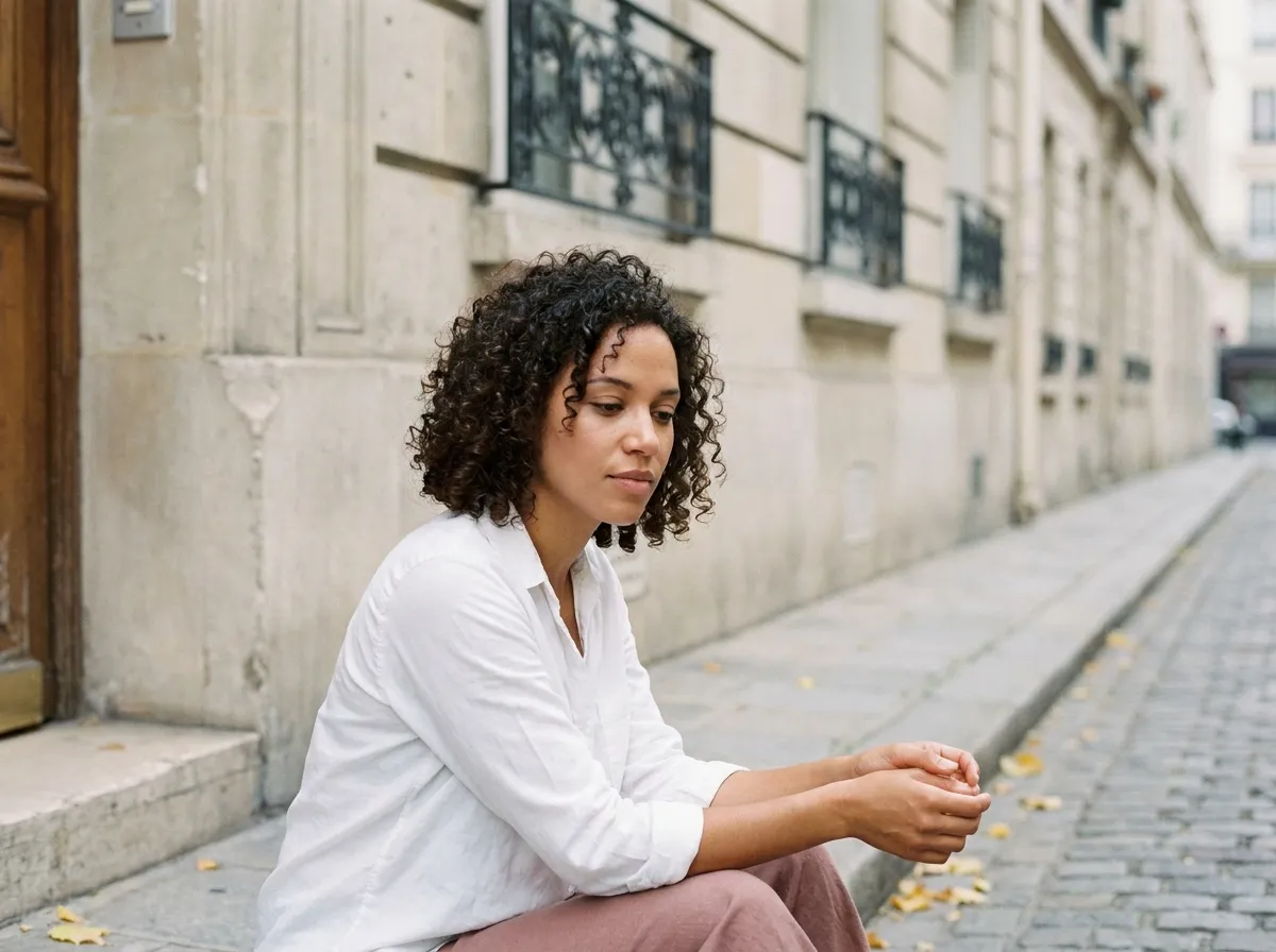 Jeune femme aux cheveux bouclés fraîchement coupés aux épaules, assise sur un perron parisien en septembre