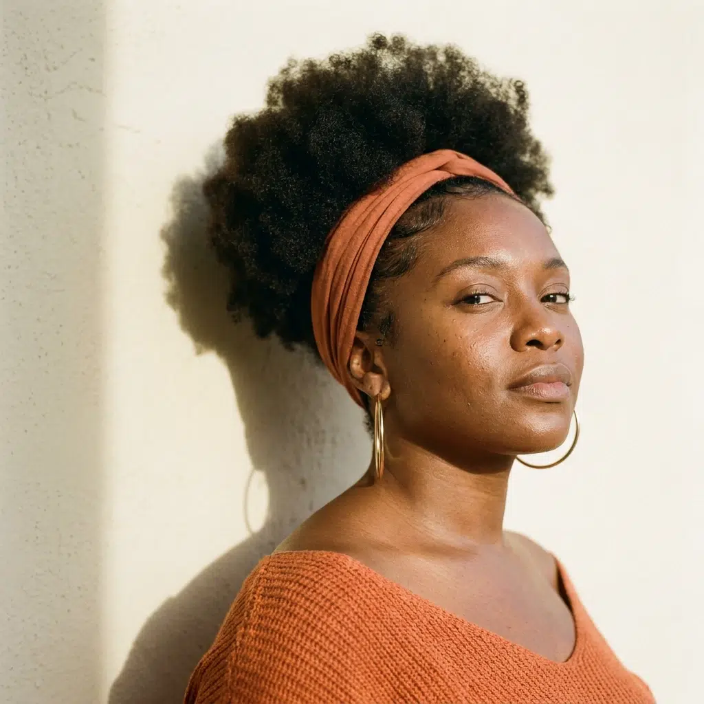 Femme portant un afro puff volumineux attaché haut, style années 70