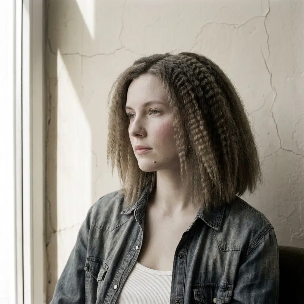 Femme aux cheveux longs crantés avec ondulations géométriques style années 70