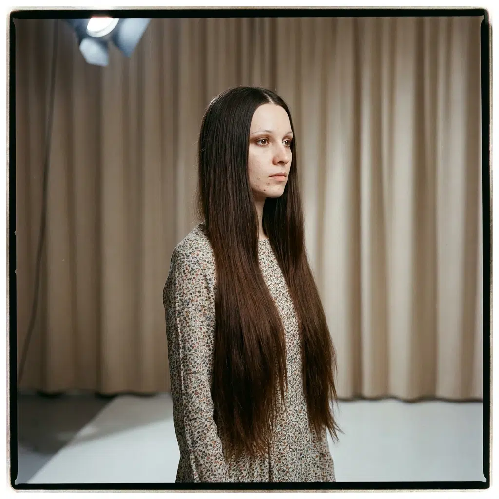 Femme aux cheveux très longs et lisses avec raie au milieu, allure années 70