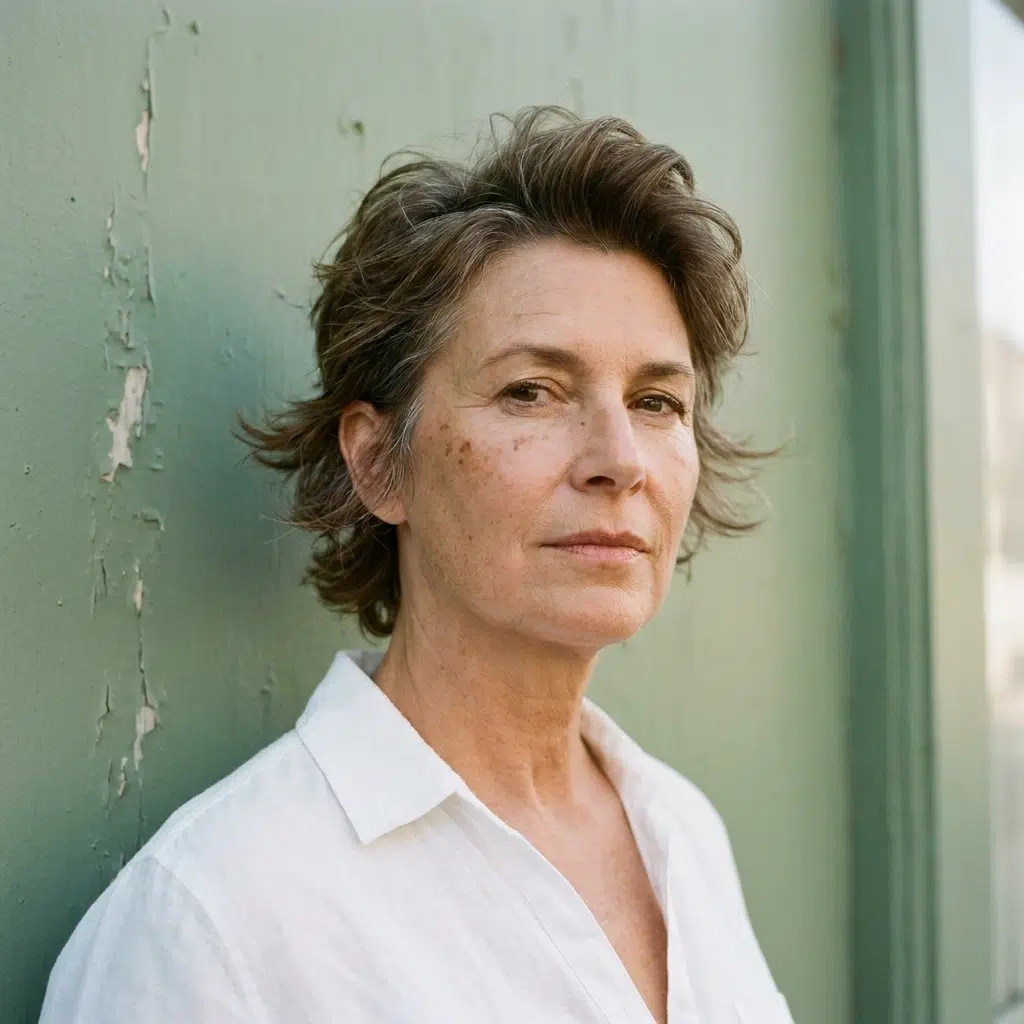 Femme avec une coupe courte effilée aux pointes ouvertes vers l’extérieur, style années 70