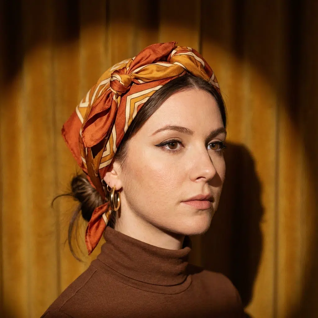 Femme portant un foulard imprimé noué en turban dans un style années 70 coloré