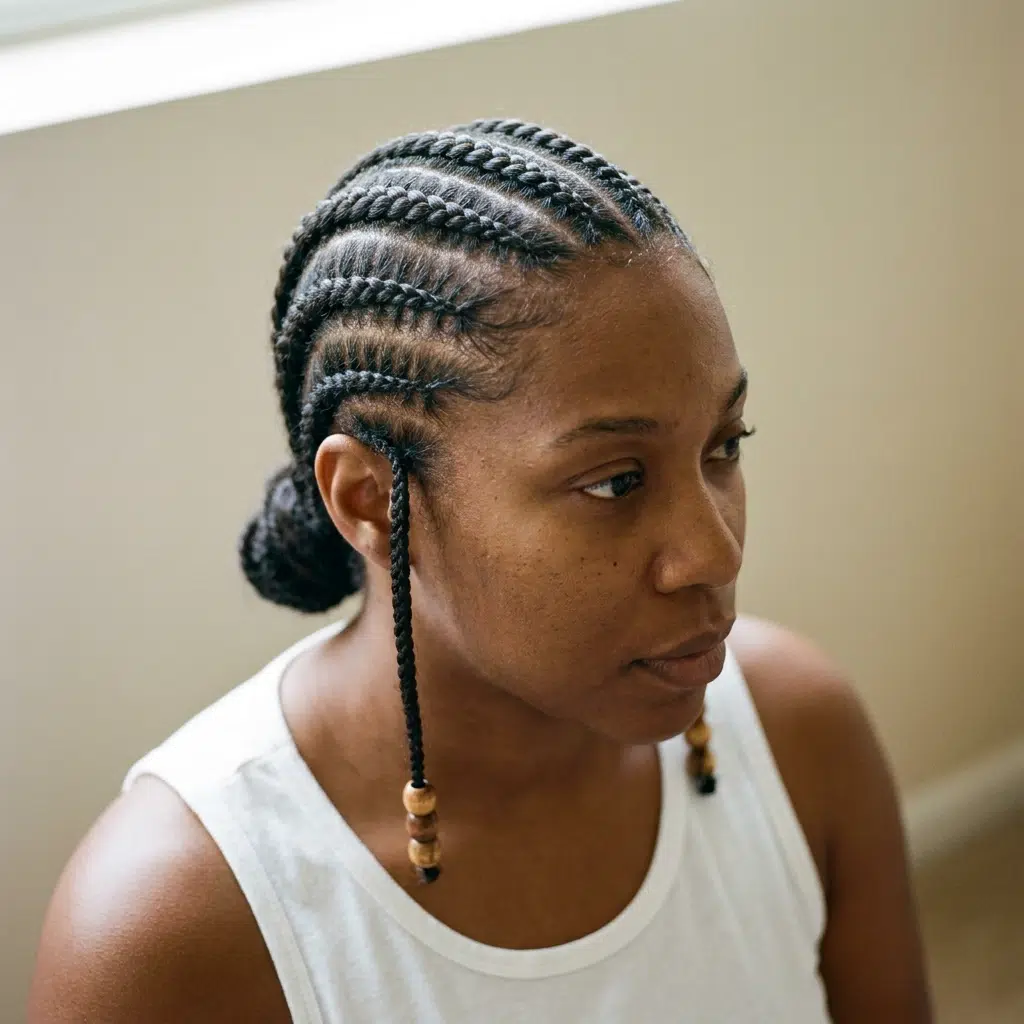 Femme portant des tresses collées géométriques inspirées des coiffures années 70