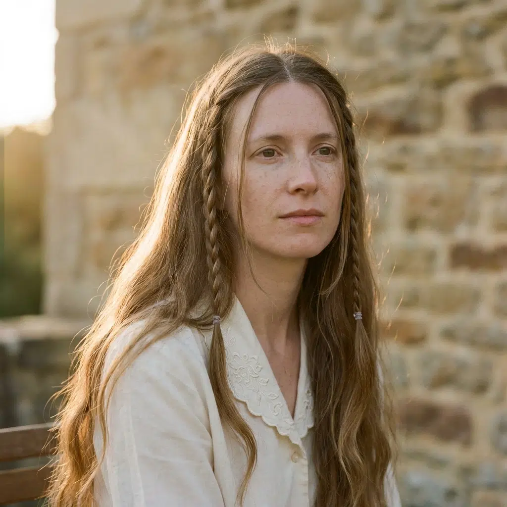 Femme cheveux longs détachés avec fines tresses hippie sur le côté, style années 70