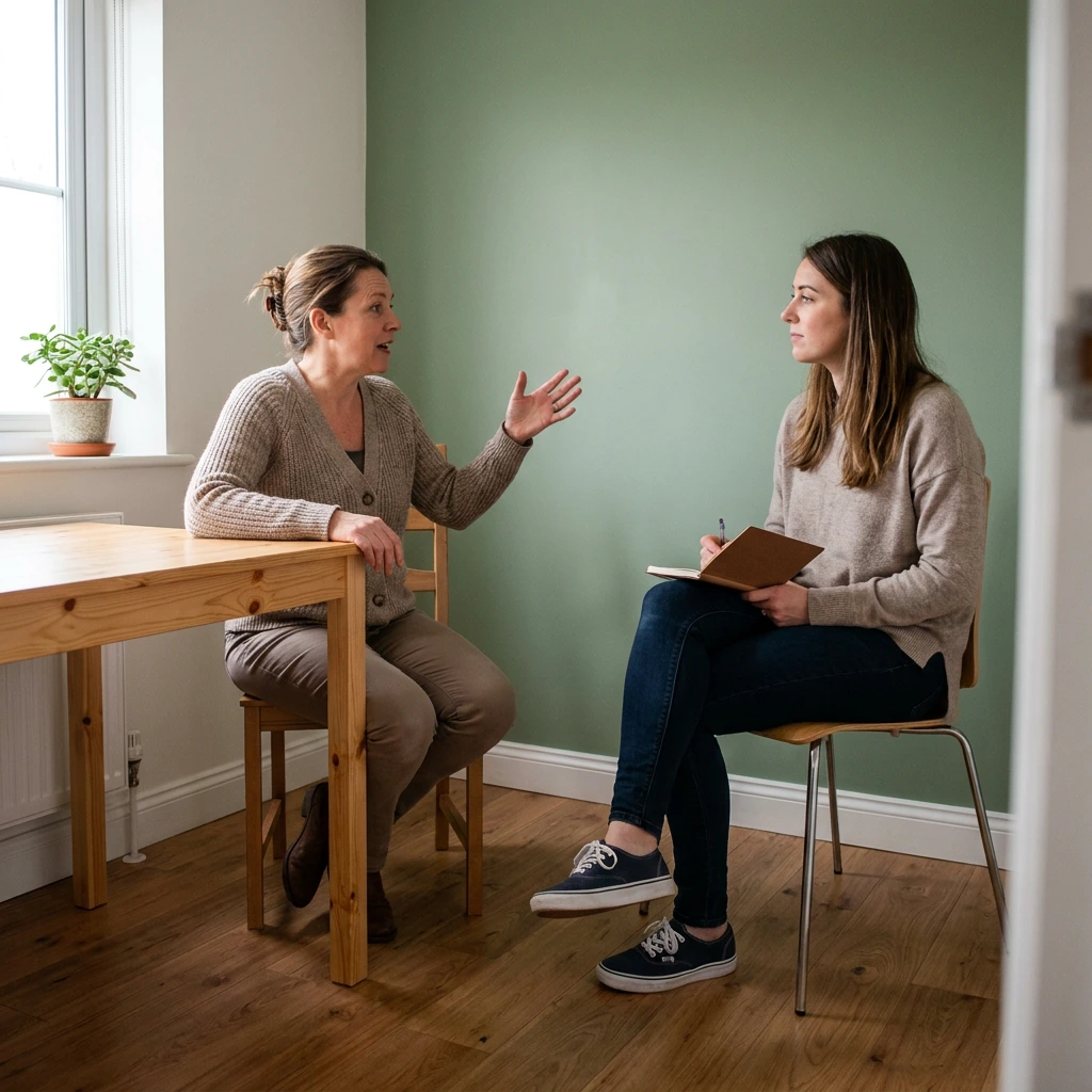 Femme en consultation avec une sage-femme, échange assis autour d'un bureau en lumière naturelle