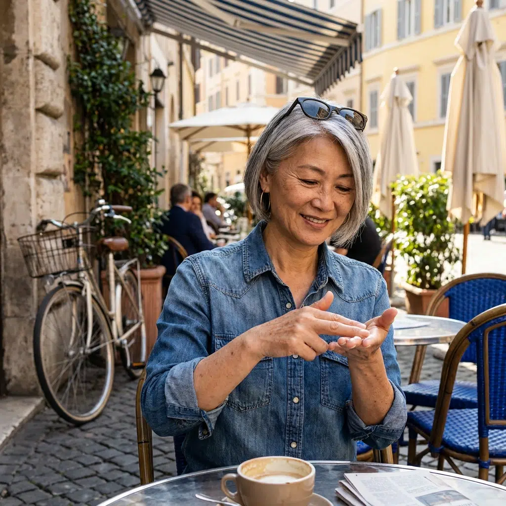 Femme appliquant de la crème solaire visage sur une terrasse de café en ville, lumière du matin