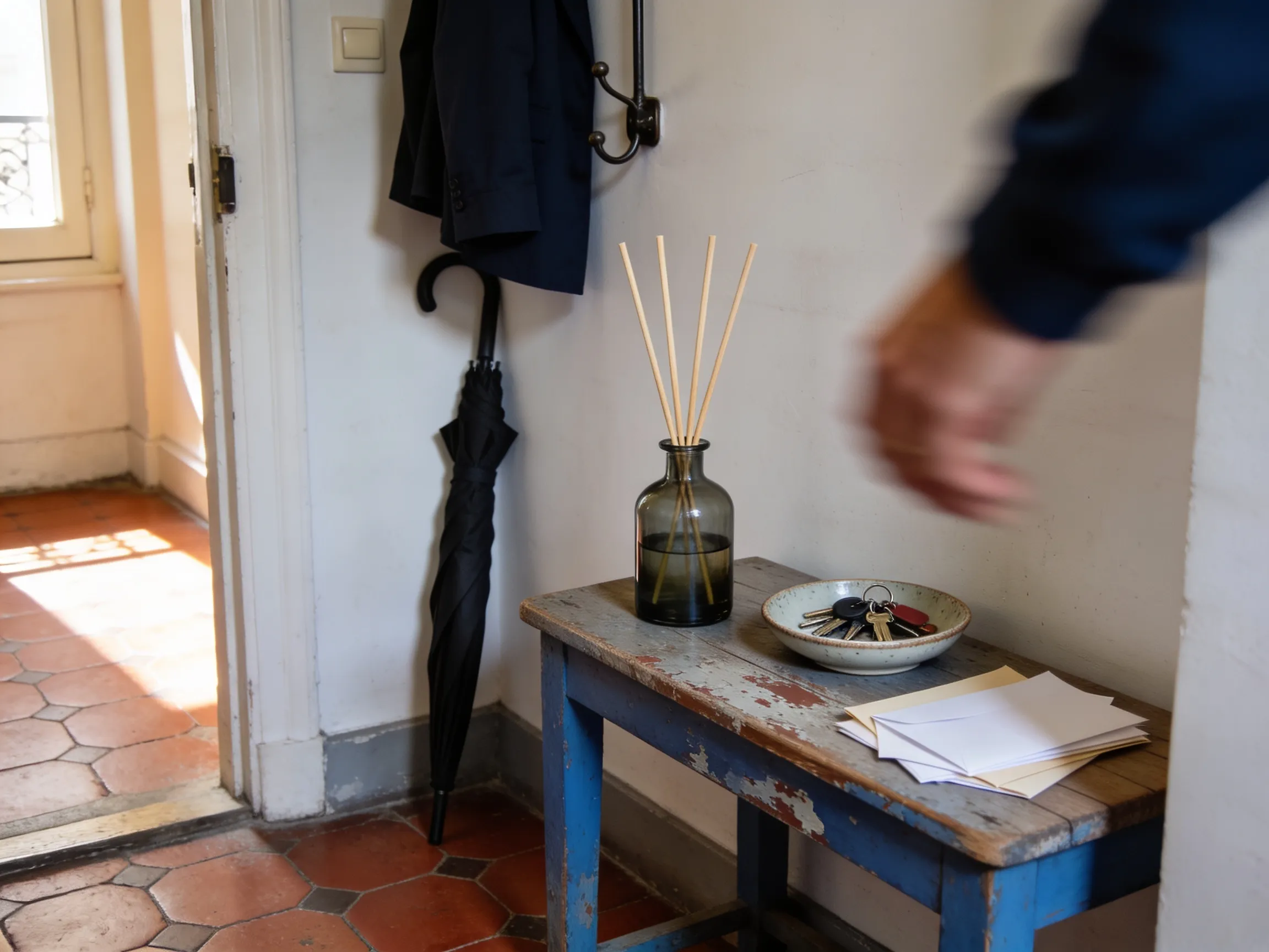 Diffuseur à bâtonnets posé sur une console d'entrée à côté de clés et de courrier, dans un couloir carrelé