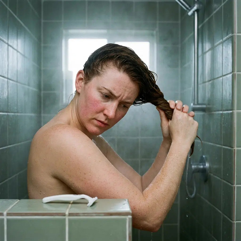 Essorage des longueurs entre les paumes avant l'application de l'après-shampoing sous la douche