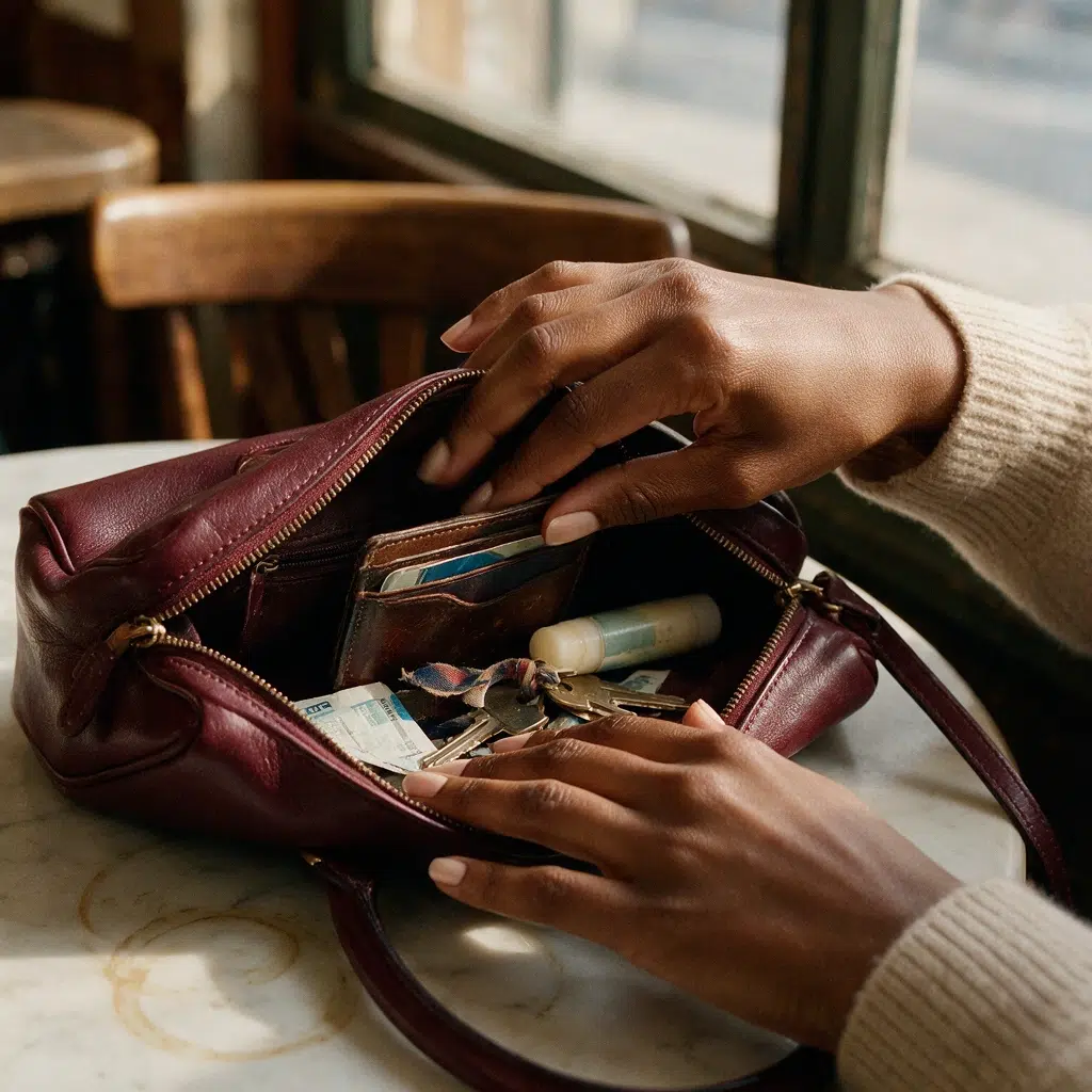 Main cherchant ses clés dans un sac à main en cuir bordeaux ouvert sur une table de café
