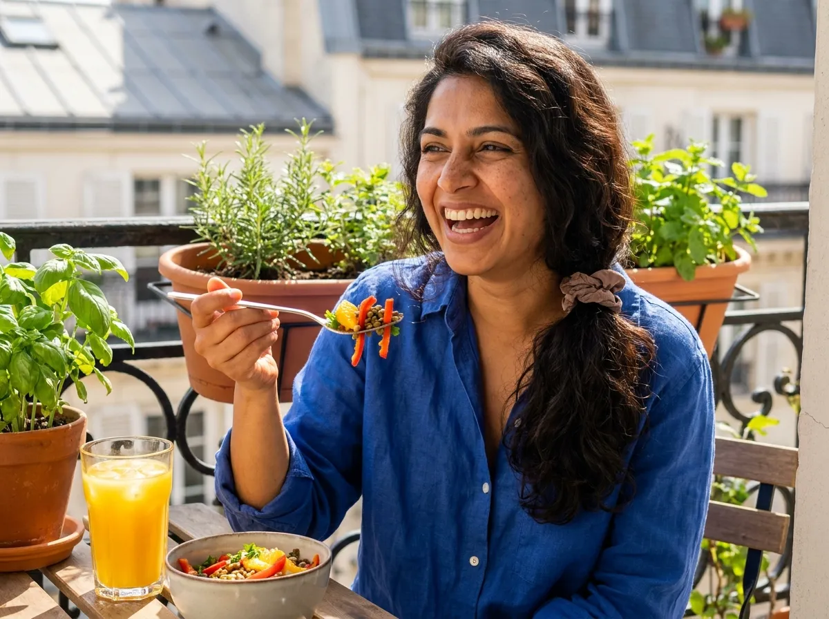 Femme souriante déjeunant d'un bol de lentilles au poivron cru et d'un jus d'orange pour mieux absorber le fer
