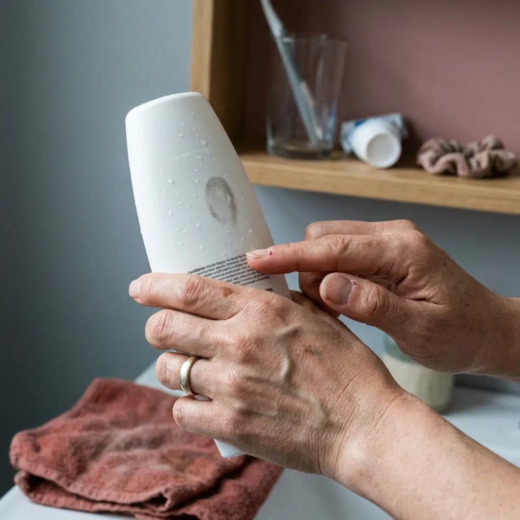 Doigt suivant la liste INCI au dos d'un flacon d'après-shampoing pour repérer les agents conditionneurs