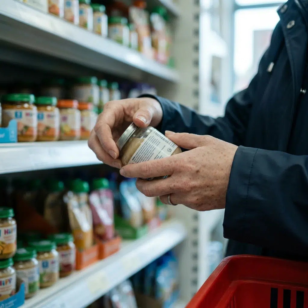 Mains d’une femme lisant la liste des ingrédients au dos d’un petit pot bébé en verre dans un rayon de supermarché