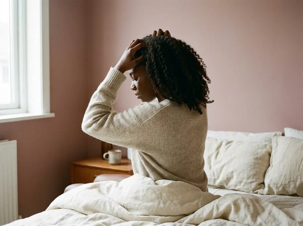 Femme aux cheveux crépus massant son cuir chevelu du bout des doigts après l'application d'un sérum