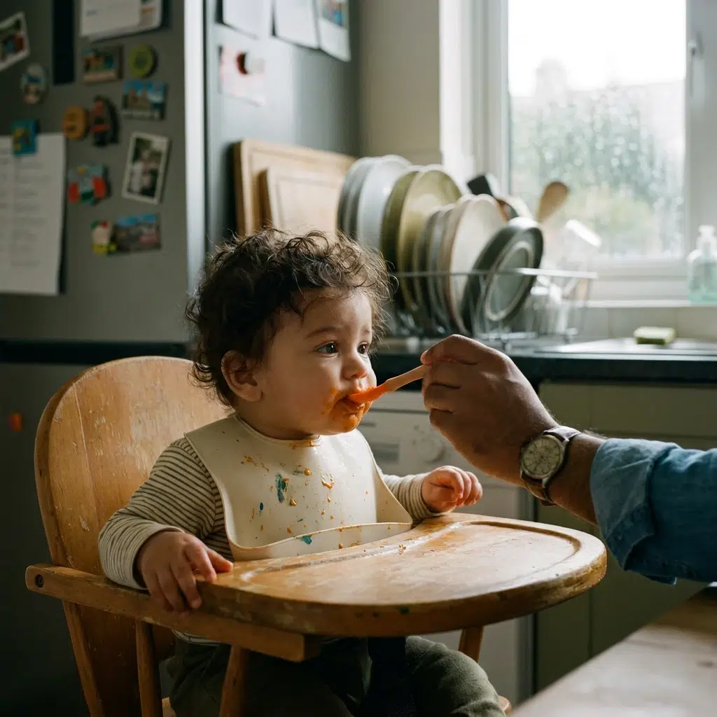 petits-pots-bebe-diversification-alimentaire Bébé de 6 mois dans sa chaise haute recevant une cuillère de purée de carottes lors de la diversification alimentaire