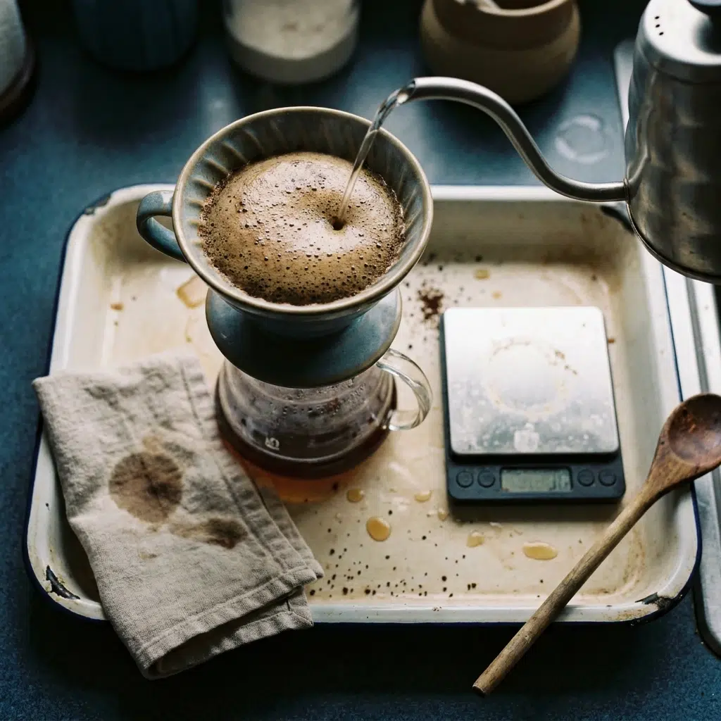 Préparation de café moulu de spécialité en V60 sur un plan de travail de cuisine