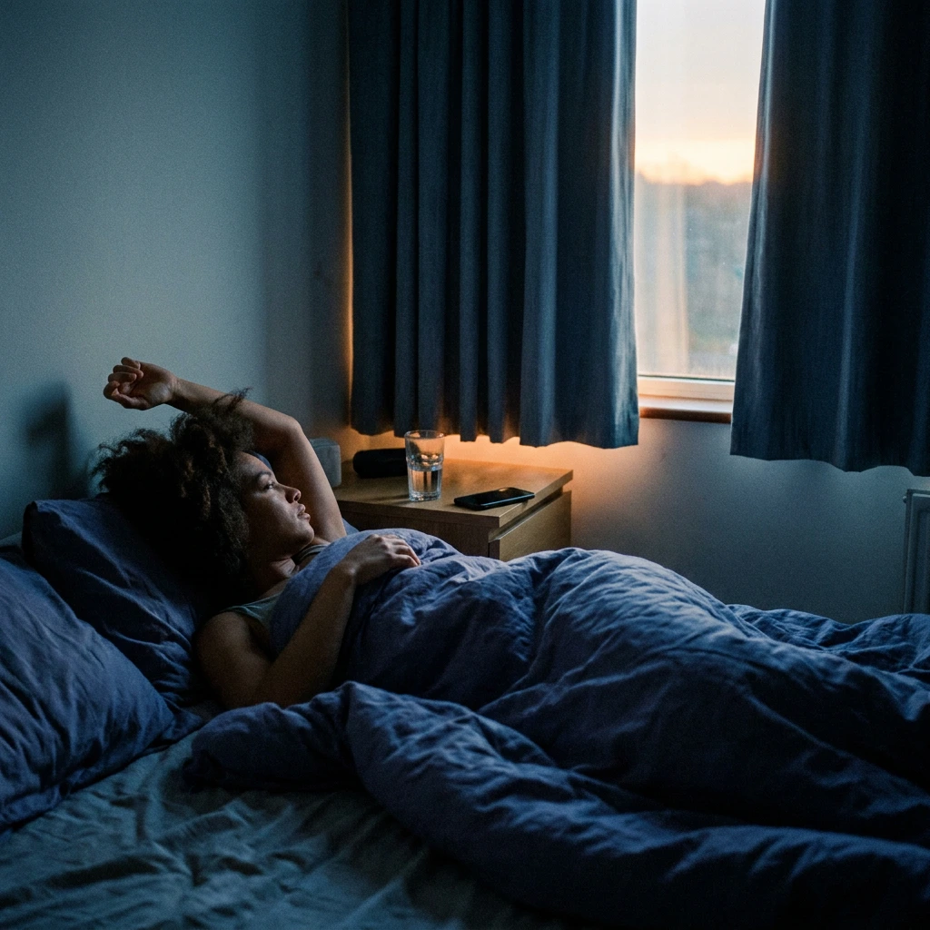 Femme éveillée dans son lit au milieu de la nuit, lumière bleutée d'une chambre