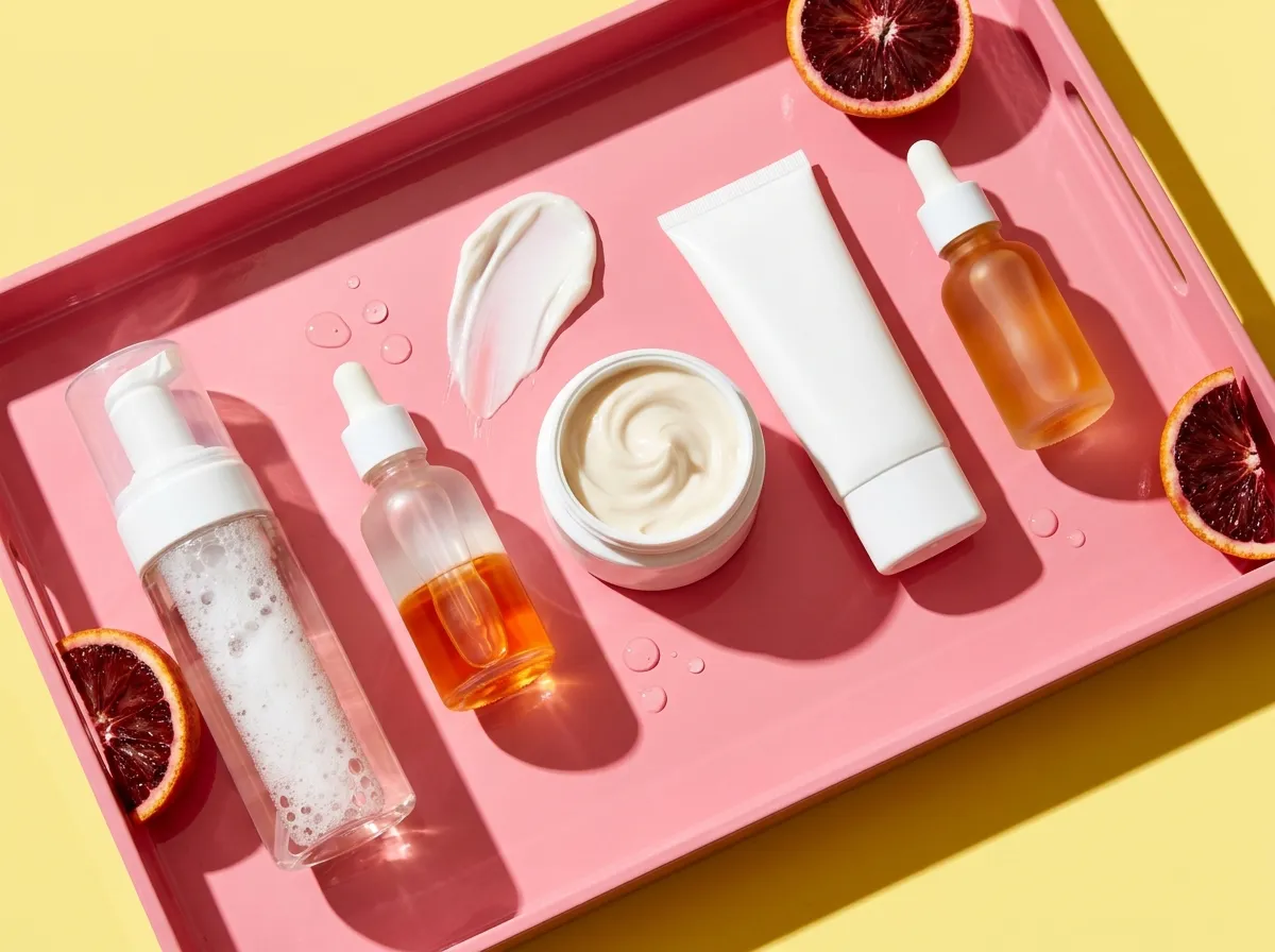 Cinq soins de la routine glow alignés sur un plateau rose en plein soleil : nettoyant, sérums, crème et SPF