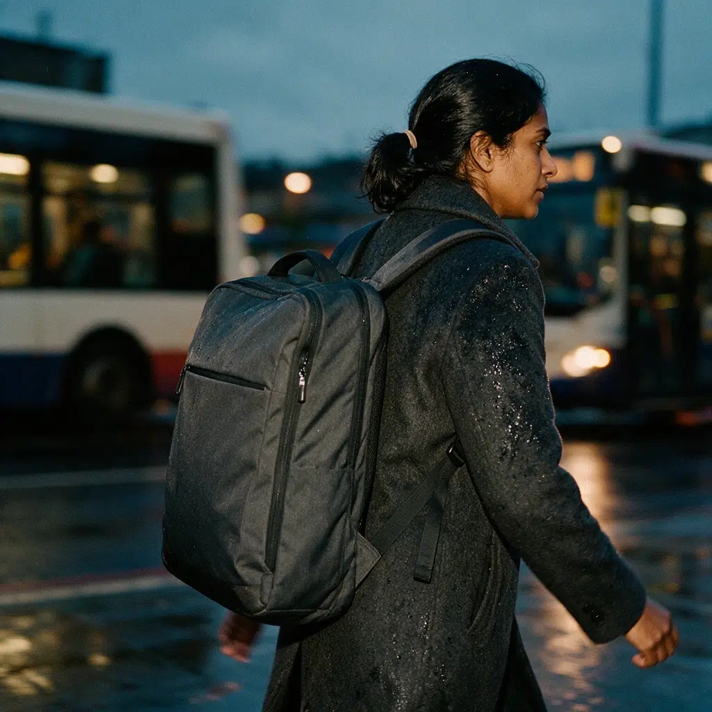 Femme de dos marchant sous la pluie avec un sac à dos urbain gris à compartiment ordinateur