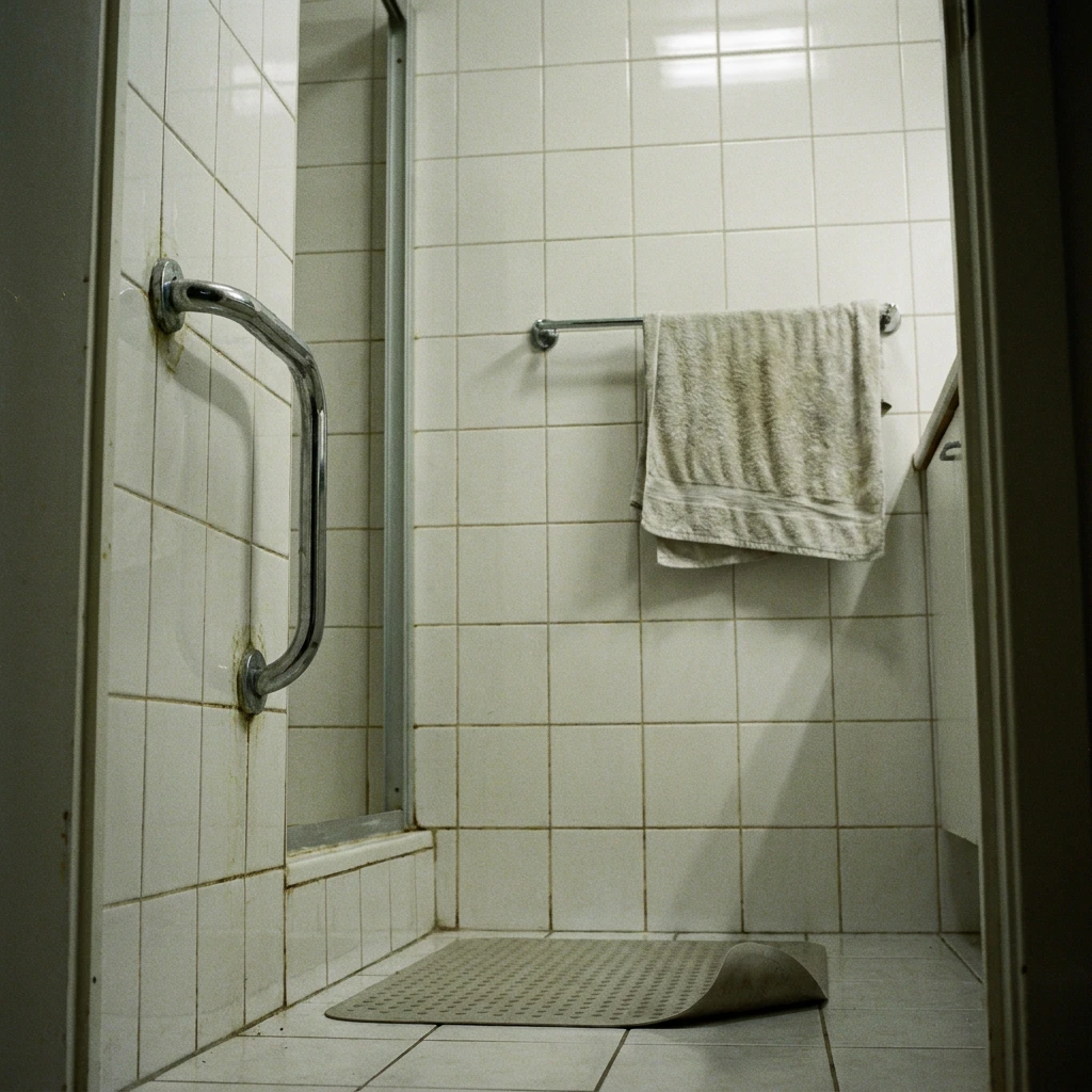 Barre d'appui et tapis antidérapant installés dans une salle de bains