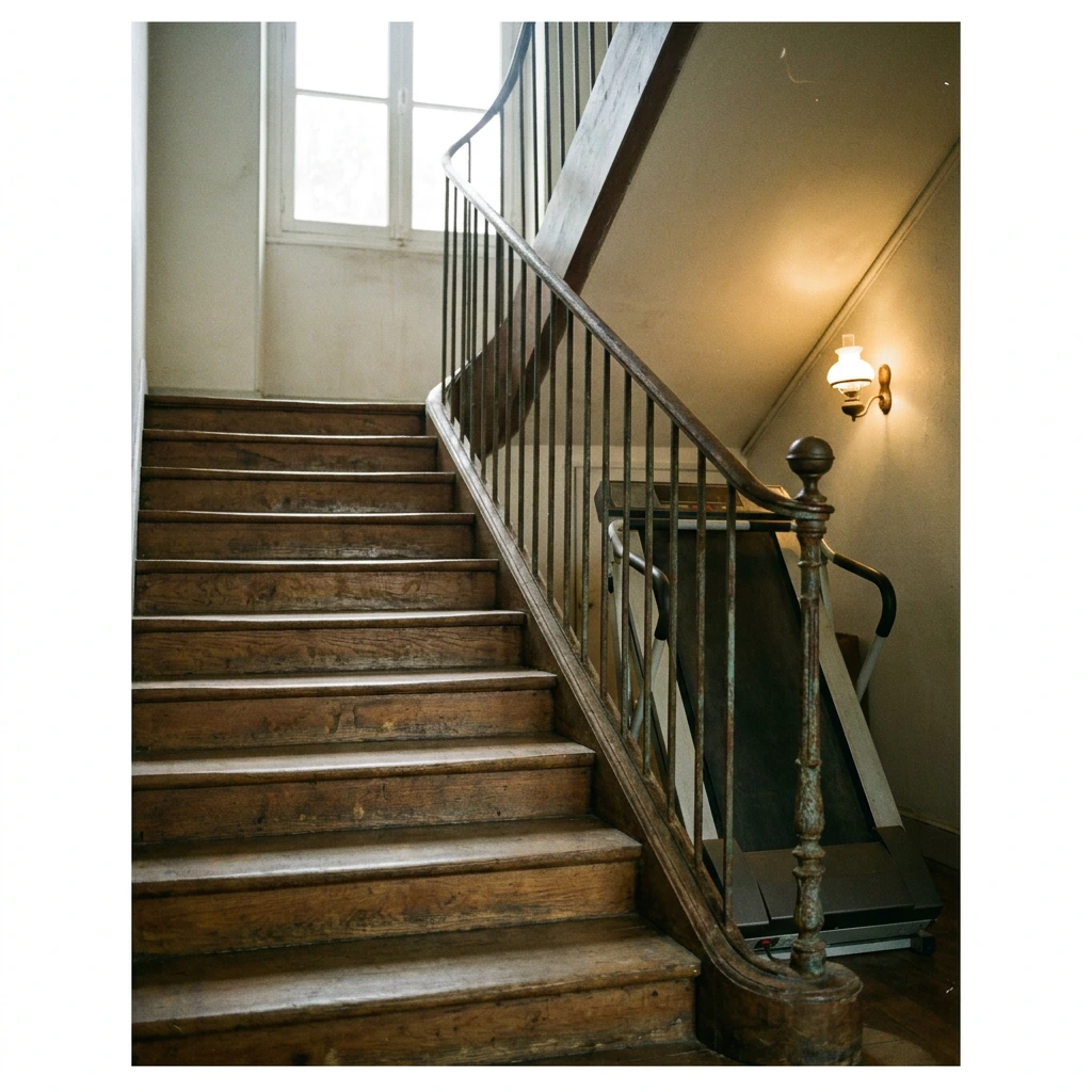 Escalier en bois d'une maison, avec rampe et éclairage d'appoint pour plus de sécurité