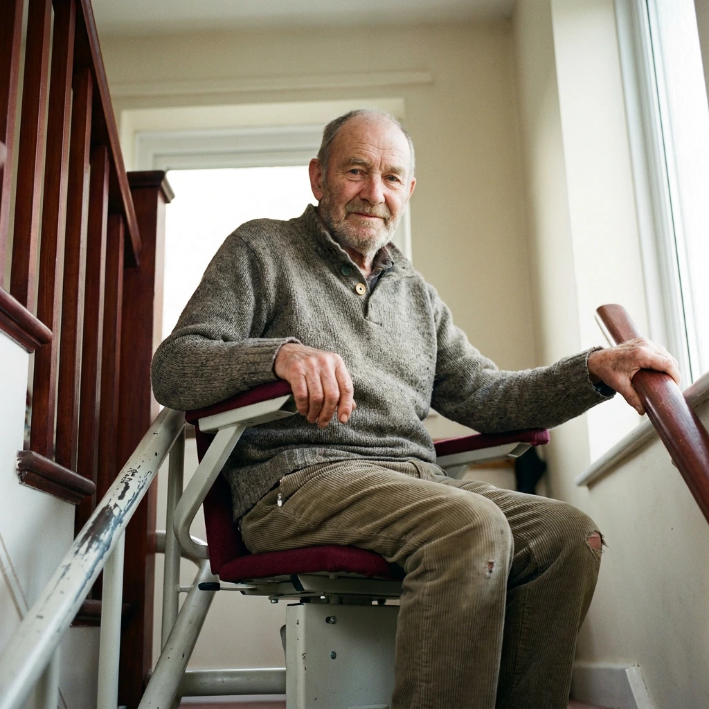 Homme senior souriant, assis sur son monte-escalier à la maison