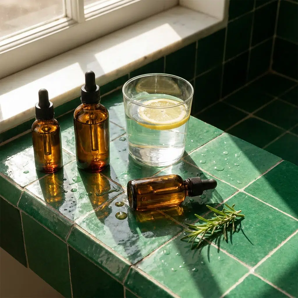 Flacons de sérum visage en verre ambré et verre d'eau sur un rebord de lavabo en zellige vert au soleil