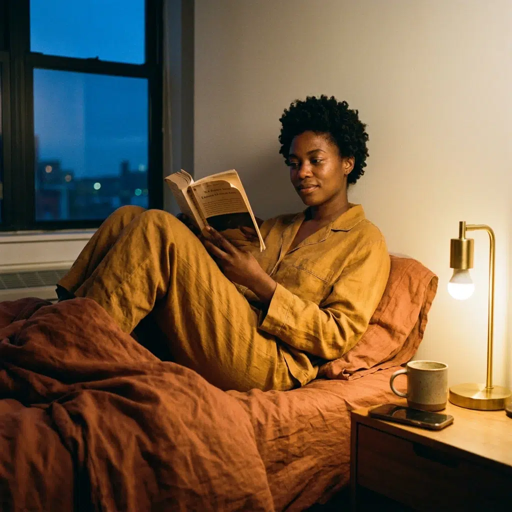 Femme en pyjama de lin lisant un livre au lit sous une lampe chaude, téléphone retourné sur la table de nuit
