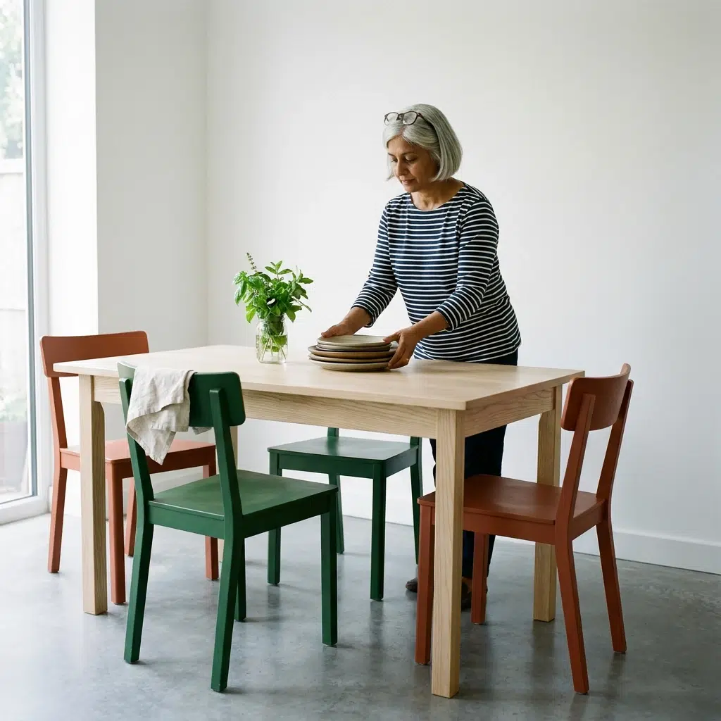 Table de cuisine en bois clair associée à des chaises vert sapin et terracotta dans une cuisine neutre
