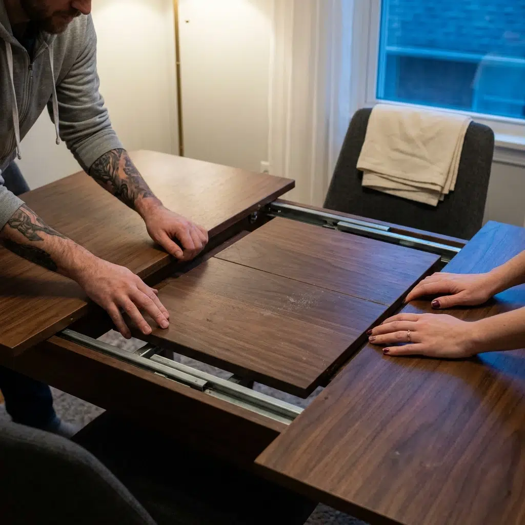 Table de cuisine extensible en bois avec rallonge centrale dépliée pour accueillir six convives