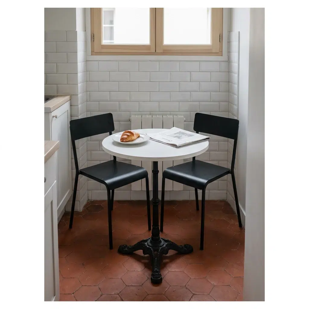 Table ronde à pied central dans une petite cuisine, idéale pour libérer l'espace de circulation