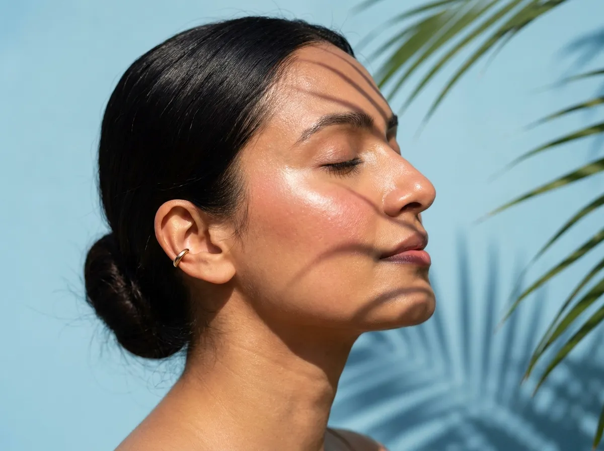 Femme les yeux fermés face au soleil, peau hydratée et lumineuse qui retrouve son éclat naturel