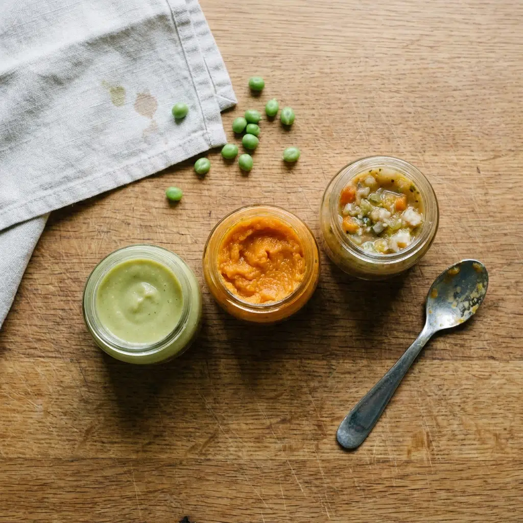 Trois pots en verre de purées pour bébé en texture lisse, moulinée et à petits morceaux, posés sur un plan de travail