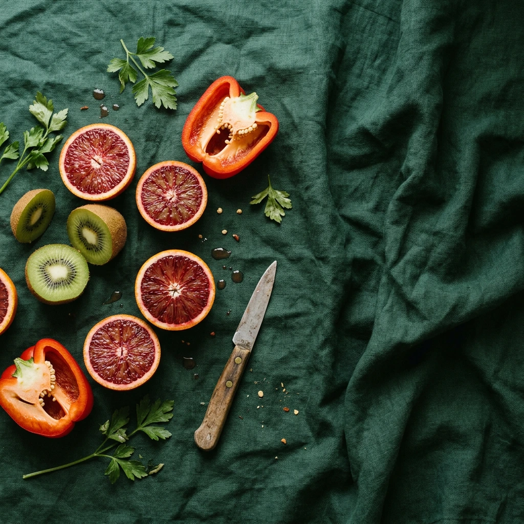 Oranges sanguines, kiwis et poivron rouge coupés sur une nappe en lin vert bouteille, vus du dessus